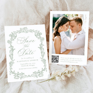 Elegant Sage Victorian Floral QR Code Wedding Save The Date