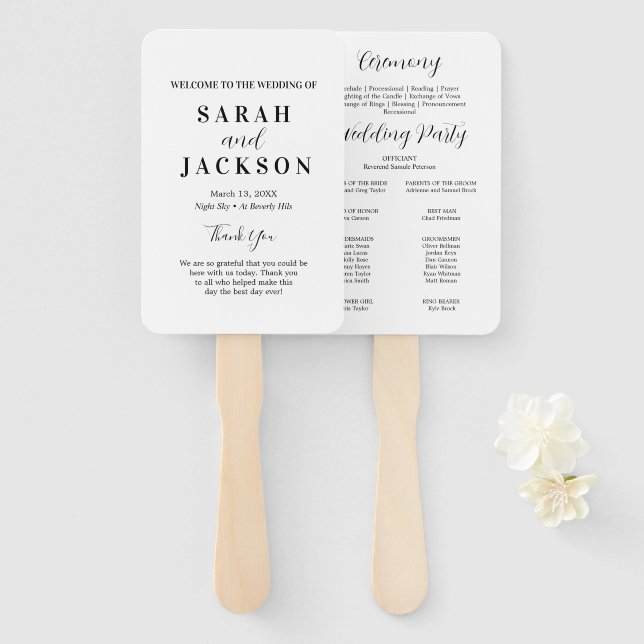 Elegant Sage White Wedding Program  Hand Fan (Front and Back)