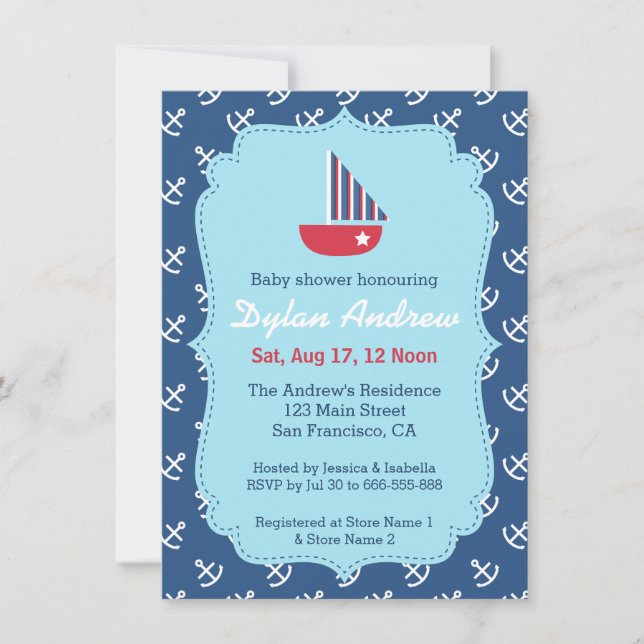 Elegant Sailboat Anchor Blue Nautical baby shower Invitation (Front)