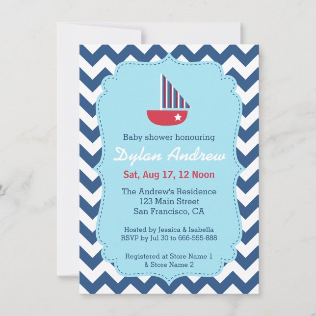 Elegant Sailboat Nautical baby shower, Chevron Invitation (Front)