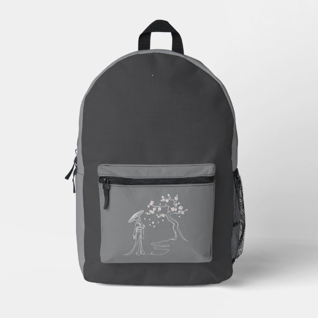 Elegant Sakura: Kimono Lady & Cherry Blossoms Printed Backpack (Front)