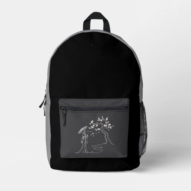 Elegant Sakura: Kimono Lady & Cherry Blossoms Printed Backpack (Front)
