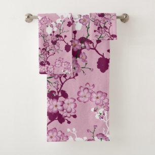 Elegant Sakura Pink Burgundy White Cherry Blossoms Bath Towel Set