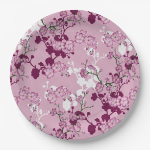 Elegant Sakura Pink Burgundy White Cherry Blossoms Paper Plate