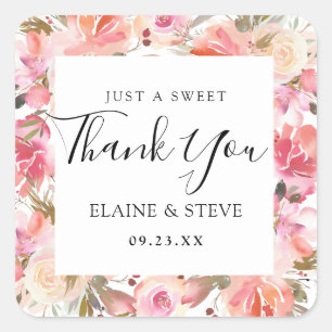 Elegant Salmon Pink Floral Wedding Favour Square Sticker