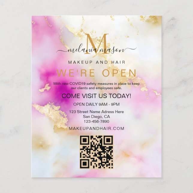 Elegant Salon We're Open Pink Gold Watercolor Flyer (Front)