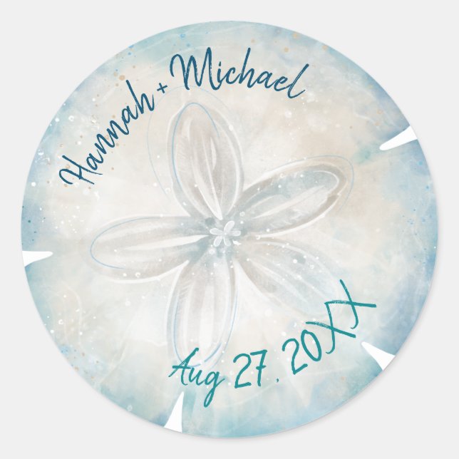 Elegant Sand Dollar Name Beach Wedding Classic Round Sticker (Front)