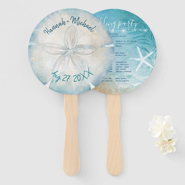 Elegant Sand Dollar Shell Blue Teal Beach Wedding Hand Fan (Front and Back)