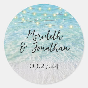 Elegant Sandy Beach Sea Glass Lights Script Classic Round Sticker