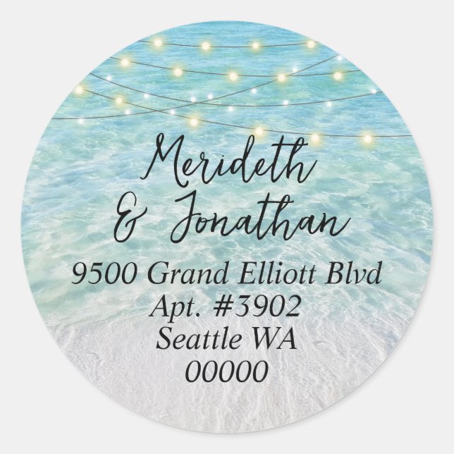 Elegant Sandy Beach Sea Glass Lights Script Classic Round Sticker (Front)
