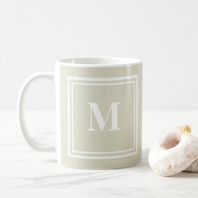 Elegant Sandy Beige Coloured Block Frame Monogram Coffee Mug (With Donut)