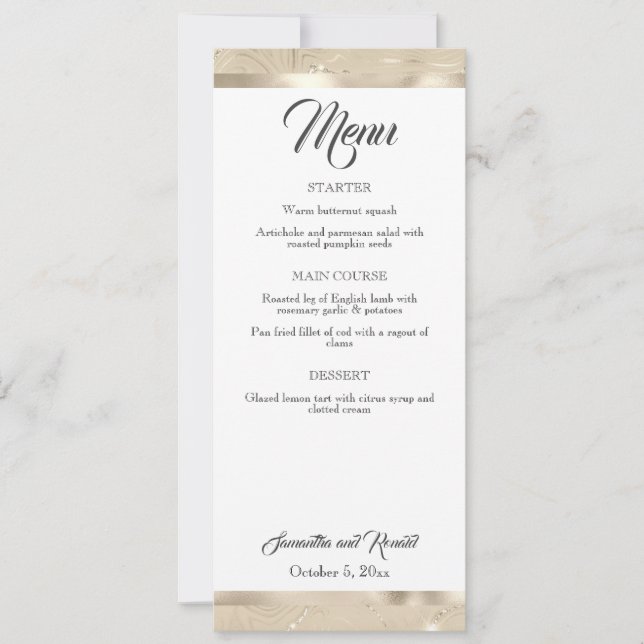 Elegant Sandy Gold Faux Foil Wedding Menu Card (Front)