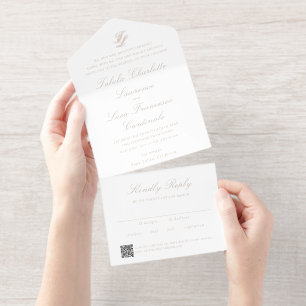 Elegant Sandy Neutral QR Code Traditional Wedding All In One Invitation