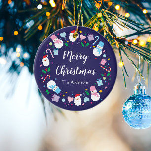 Elegant Santa Snowman Candy Cane Christmas Wreath Ceramic Ornament