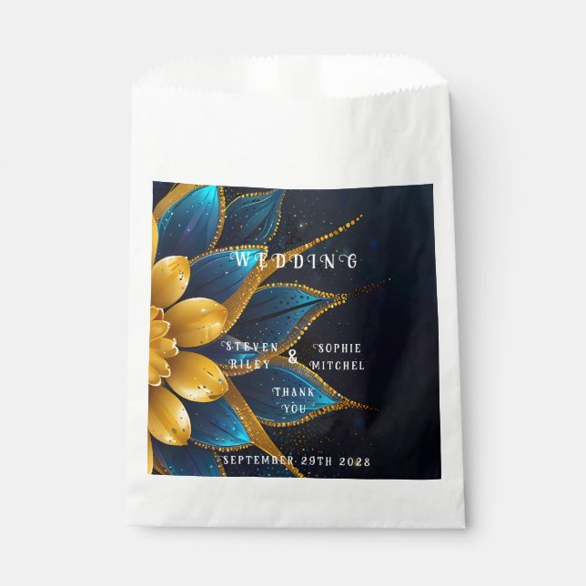 Elegant Sapphire and Gold Floral Wedding Favour Bag (Front)