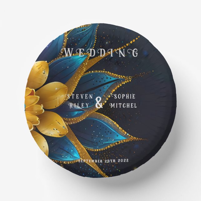 Elegant Sapphire and Gold Floral Wedding Paper Plate (Front)