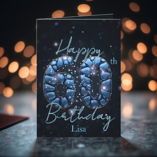 Elegant Sapphire Blue and Black 60th Birthday Card (Creator Uploaded)