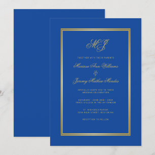 Elegant Sapphire Blue Gold Monogram Script Wedding Invitation