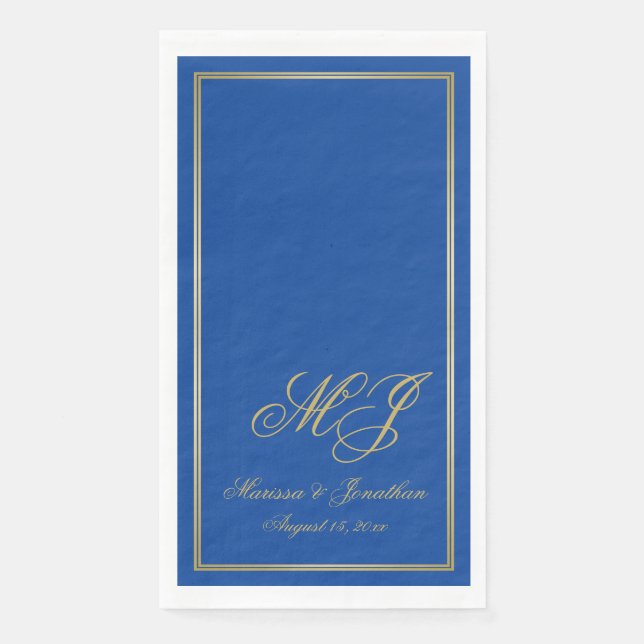 Elegant Sapphire Blue Gold Monogram Script Wedding Napkin (Front)