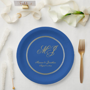 Elegant Sapphire Blue Gold Monogram Script Wedding Paper Plate