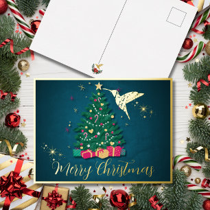 Elegant Sapphire Hummingbird & Christmas Tree Foil Holiday Postcard
