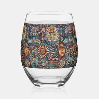 Elegant Sapphire "Pre-Columbian Tapestry" Stemless Stemless Wine Glass