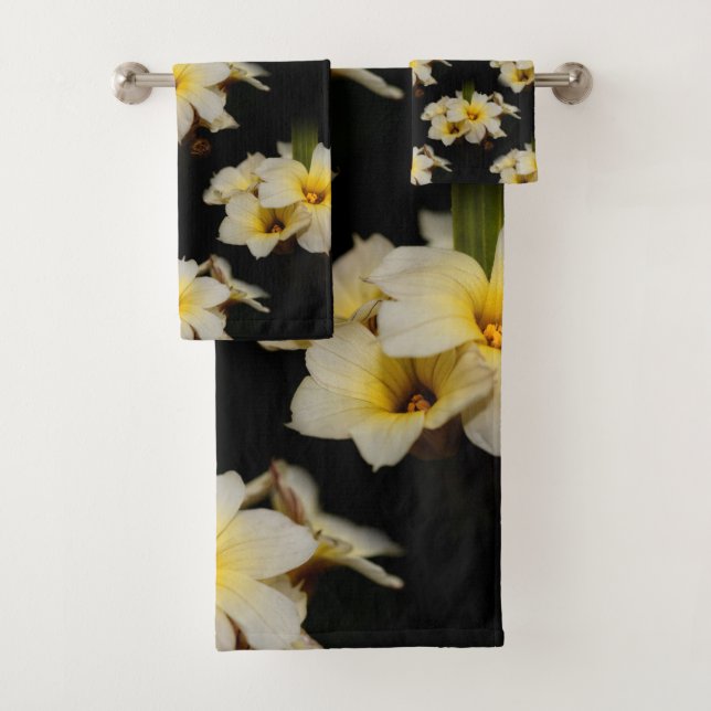 Elegant Satin Flowers on Black Bath Towel Set (Insitu)