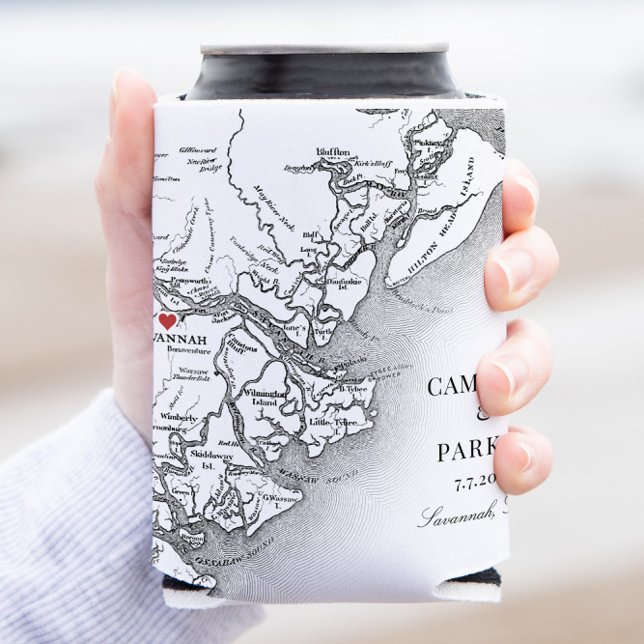 Elegant Savannah Georgia Map Black White Wedding Can Cooler (Elegant Black and White Savannah Georgia wedding favor can cooler - customizable weddingcoozie)