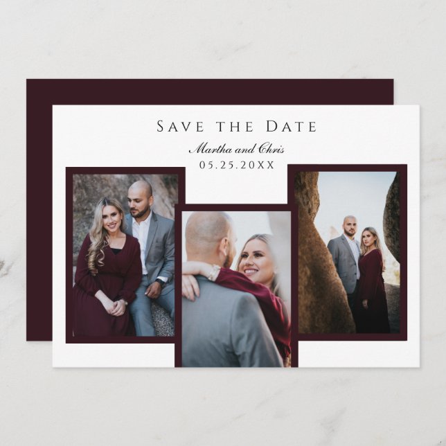 Elegant Save the Date 3 Photo Collage Red Chic (Front/Back)