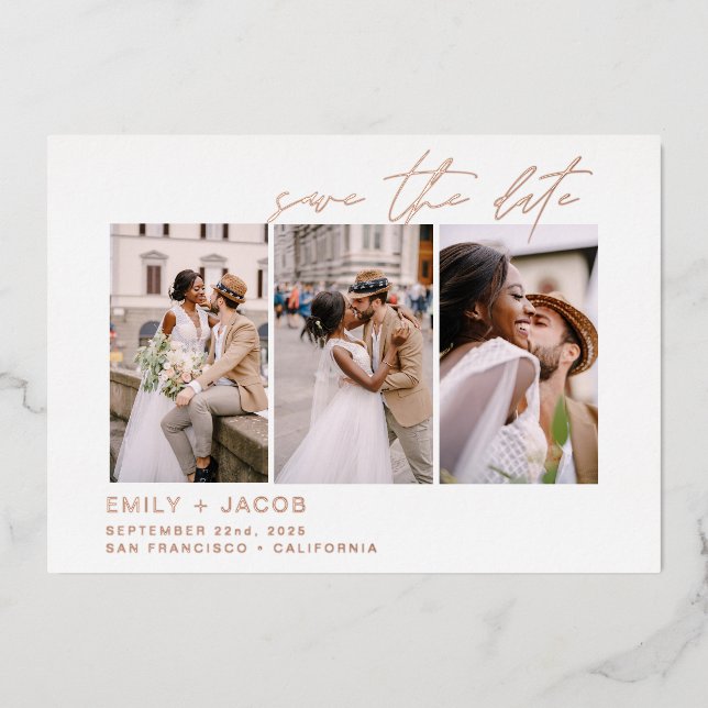 Elegant Save the Date 3 Photo Minimalist Rose Gold (Front)