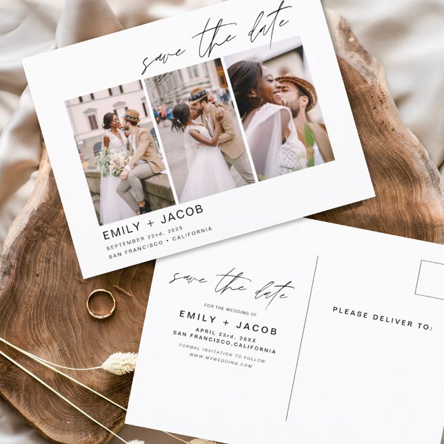 Elegant Save the Date 4 Photo Minimalist  Postcard (Creator Uploaded)