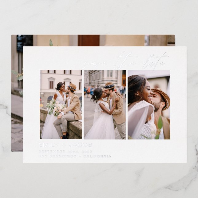 Elegant Save the Date 4 Photo Minimalist Silver (Front/Back)