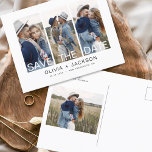 Elegant Save the Date 4 Photo White Lettered  Announcement Postcard<br><div class="desc">Modern and Elegant Photo Save the Date Wedding Card. The save the date invitation card includes white typography and chic and simple design on a white background that you can add your customized engagement photograph picture to.</div>