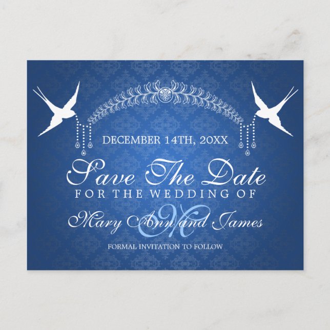 Elegant Save The Date Birds Monogram Blue Announcement Postcard (Front)