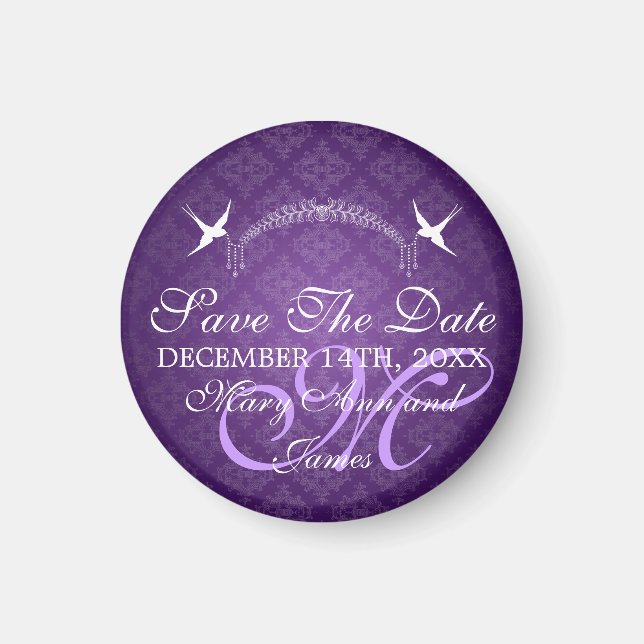 Elegant Save The Date Birds Monogram Purple Magnet (Front)