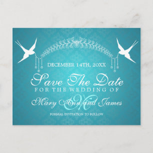 Elegant Save The Date Birds Monogram Turquoise Announcement Postcard