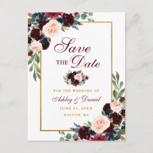 Elegant Save the Date Burgundy Blue Floral Gold Announcement Postcard