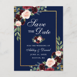 Elegant Save the Date Burgundy Floral Gold Blue Announcement Postcard