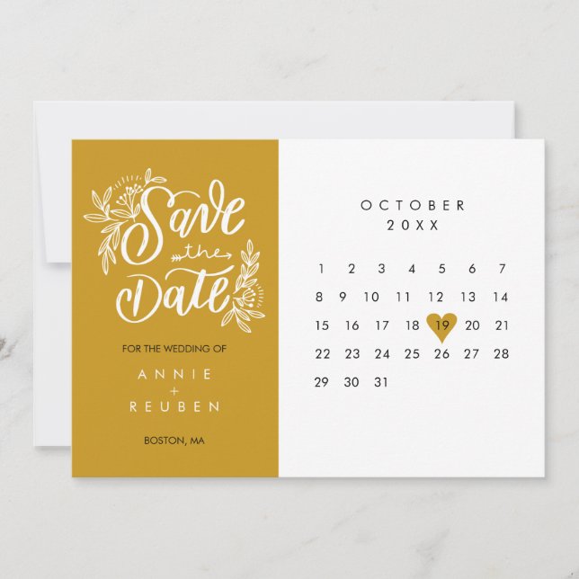 Elegant Save the Date Calendar Gold Love Heart Invitation (Front)