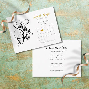 Elegant Save the Date Calendar Gold Love Heart Postcard