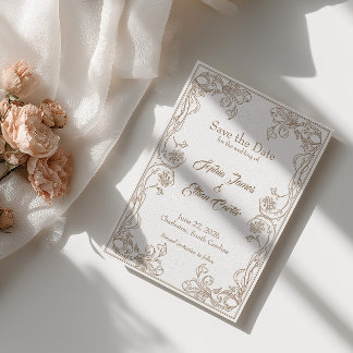 Elegant Save the Date Card – Sand Rose Filigree