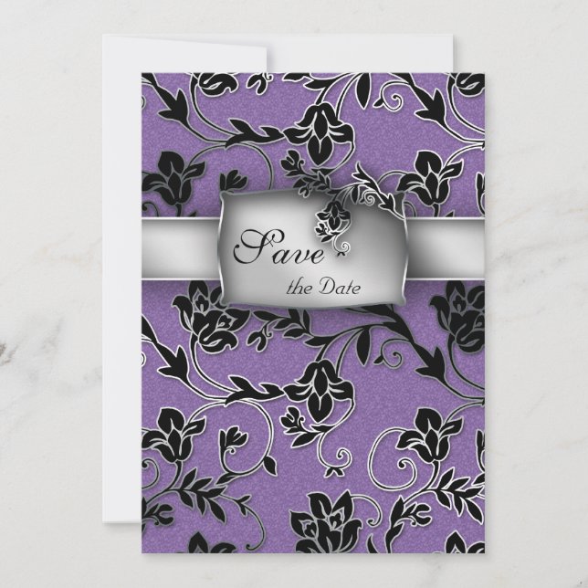 Elegant Save the Date Card Silver Floral Purple (Front)