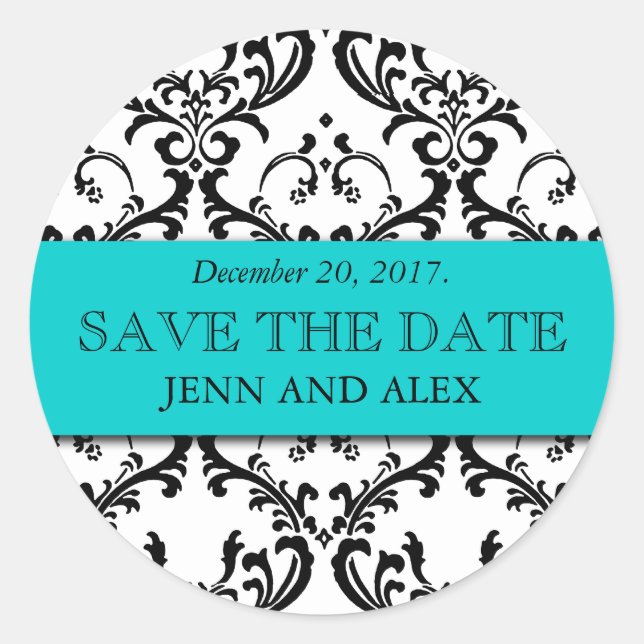 Elegant Save the Date Damask Stickers Aqua Blue (Front)