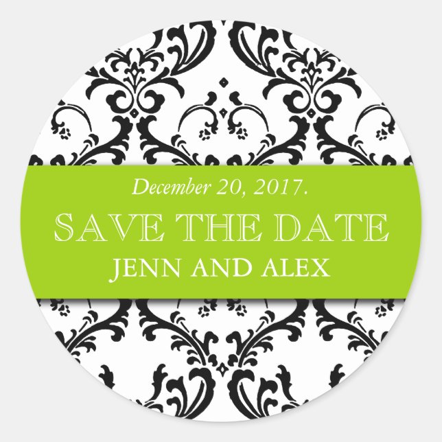 Elegant Save the Date Damask Stickers Green (Front)