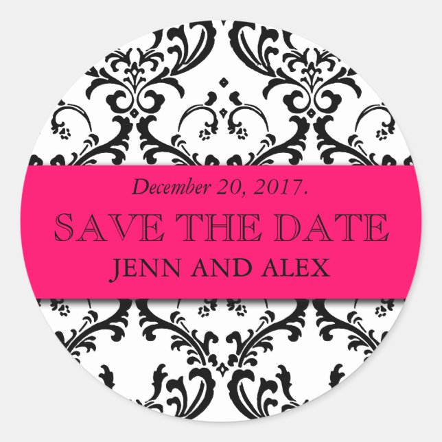 Elegant Save the Date Damask Stickers Hot Pink (Front)