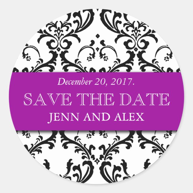 Elegant Save the Date Damask Stickers Purple (Front)