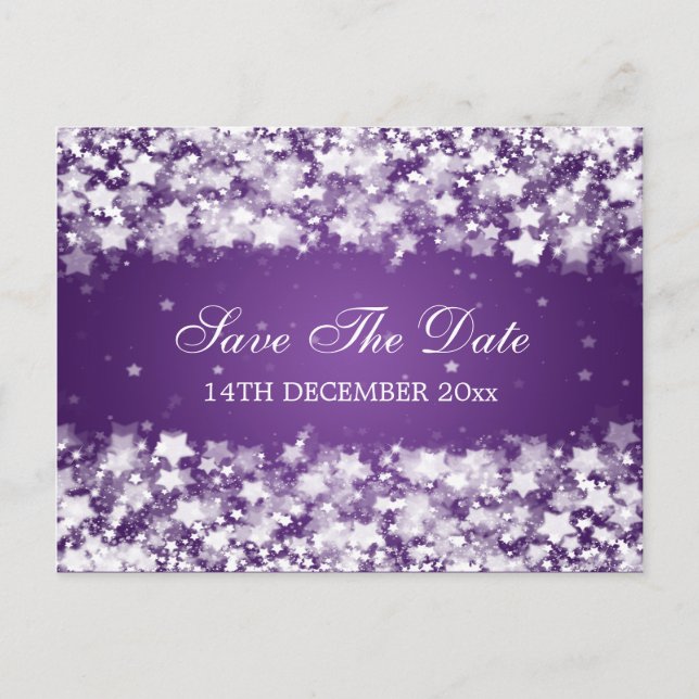 Elegant Save The Date Dazzling Stars Purple Announcement Postcard (Front)