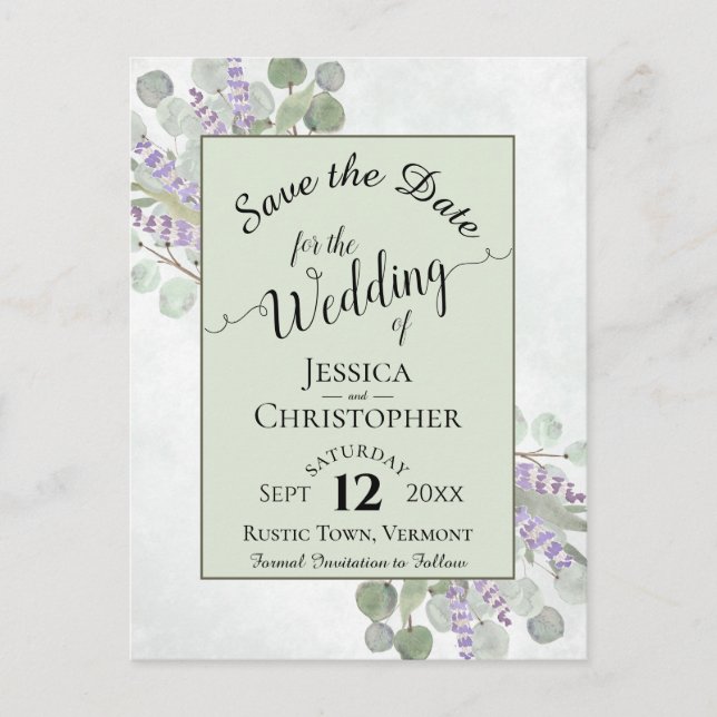 Elegant Save the Date Eucalyptus & Lavender Green Announcement Postcard (Front)