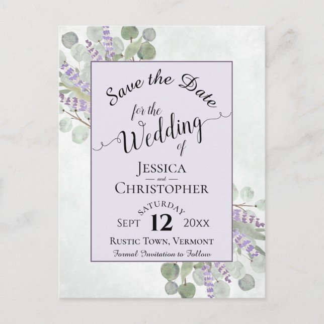 Elegant Save the Date Eucalyptus & Lavender Purple Announcement Postcard (Front)