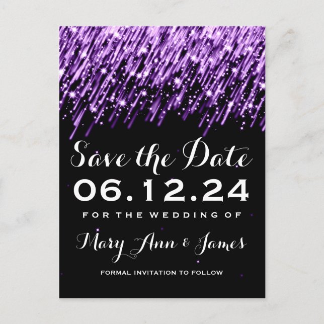 Elegant Save The Date Falling Stars Purple Announcement Postcard (Front)